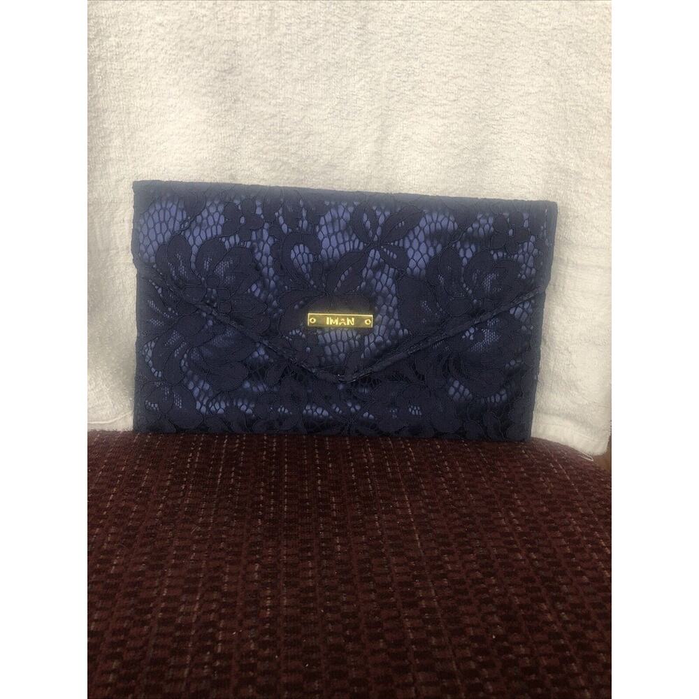 Midnight Blue Envelope Clutch Floral Lace Satin Pocket Magnetic Snap IMAN